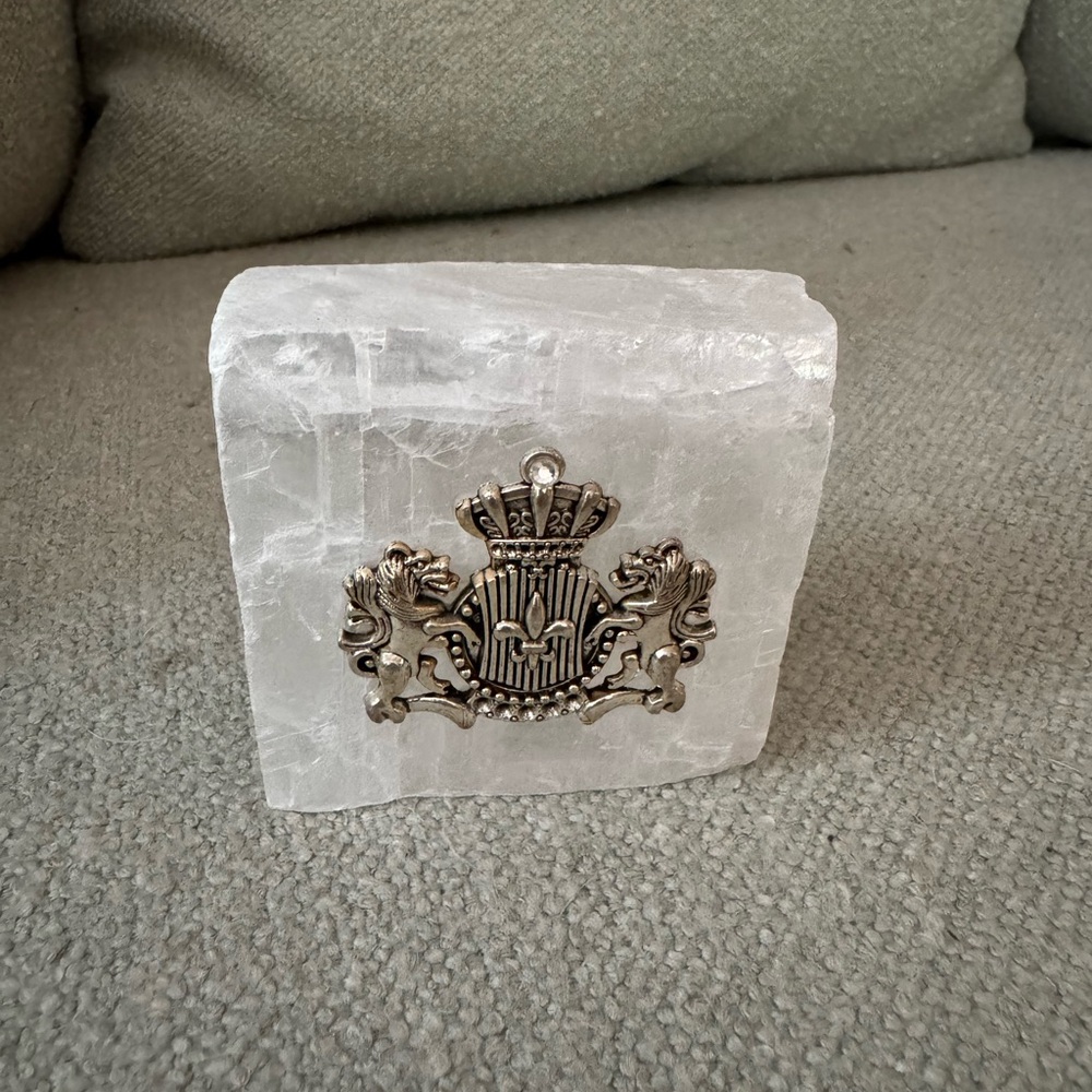 Selenite crystal with lion crest and crown  rhinestone